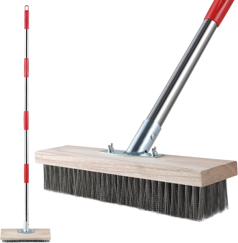 Mitclear Heavy Duty Wire Broom with Telescopic Handle(57IN), Stiff Metal Bristle Brush for Removing Weed Moss, Outdoor Floor Scrub Brush for Patio, Deck, Garden, Concrete, Garage - Image 1